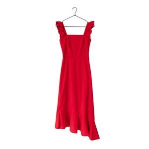 STAUD Valentina Square Neck Red Cotton Flutter Sleeve Midi Dress Size XS